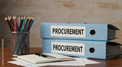 Two blue binders labeled procurement sit on a desk with office supplies