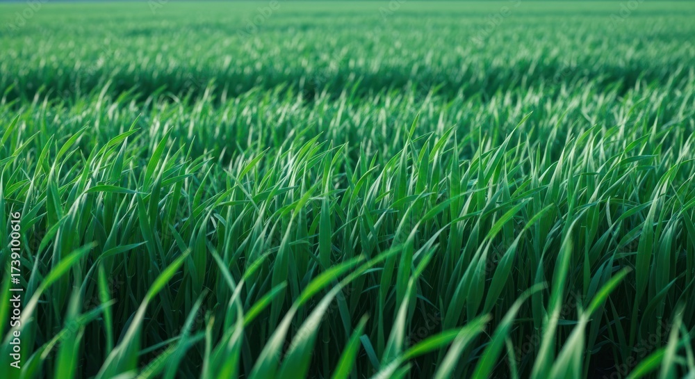 Fototapeta premium Close-up of a vibrant green field of young grass or crop stalks, blurred background