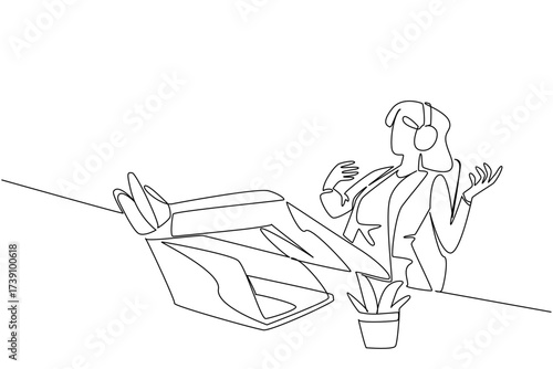 Single continuous line drawing businesswoman wear headphone sits on a chair with hands forms a gesture as plays guitar. Relieve fatigue. National Sing Out Day. One line design vector illustration