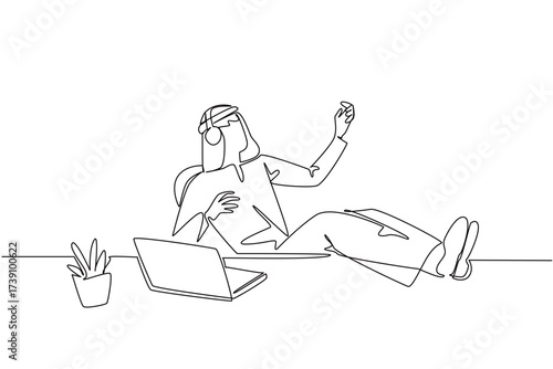 Continuous one line drawing Arab man wear headphone sits on a chair with hands forms a gesture as plays guitar. Take a break. Enjoy. National Sing Out Day. Single line draw design vector illustration