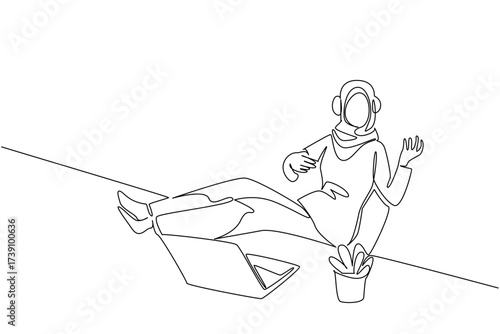 Single one line drawing Arab woman wear headphone sits on a chair with hands forms a gesture as plays guitar. Freedom of expression. National Sing Out Day. Continuous line design graphic illustration