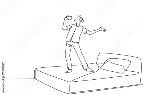 Continuous one line drawing a man in casual clothes wear headphone stand on a bed hold a smartphone used as a mic. Hobby. Music. National Sing Out Day. Single line draw design vector illustration