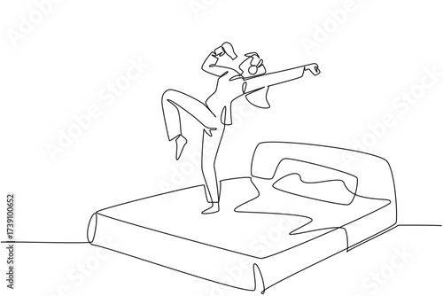 Single continuous line drawing a woman in pajamas wear headphone stands on a bed hold a hair dryer used as a mic. Evening routine before bed. National Sing Out Day. One line design vector illustration