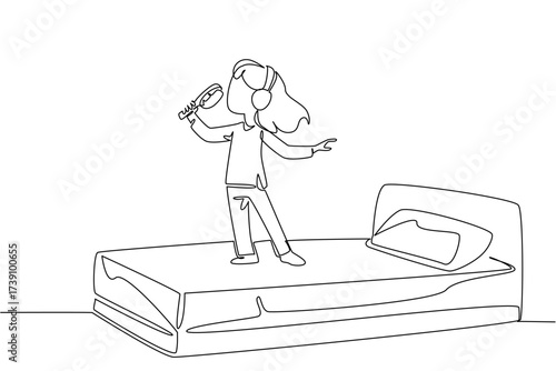 Single one line drawing girl wearing headphones standing on bed holding comb as mic. Graceful style like an opera singer. Dream. National Sing Out Day. Continuous line design graphic illustration
