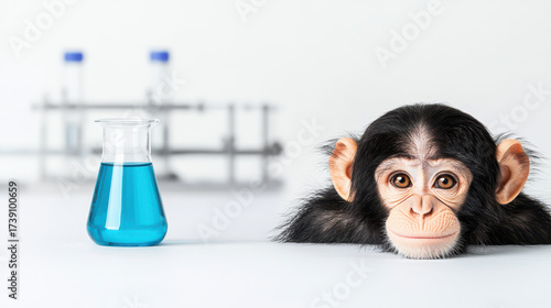 Curious monkey observes laboratory setting with blue liquid in flask, showcasing intersection of nature and science
