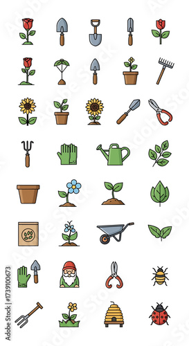Vibrant set of gardening icons, showcasing tools, plants, and charming garden elements for digital and print designs