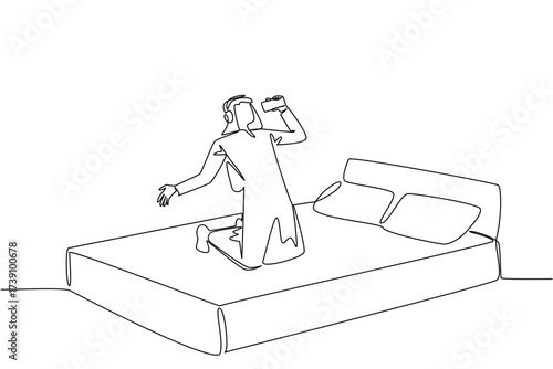 Continuous one line drawing Arab man wear headphone sits on bed and hold smartphone as mic while singing. Like solo concert. Soloist. National Sing Out Day. Single line draw design vector illustration