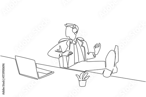 Single one line drawing businessman wear headphone sits on a chair with hands forms a gesture as plays guitar. Humming during break. National Sing Out Day. Continuous line design graphic illustration