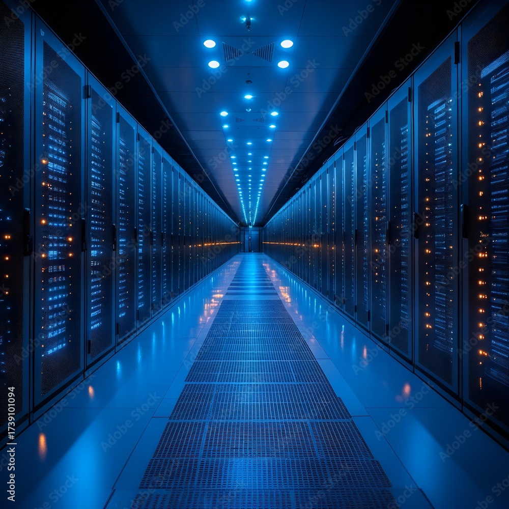 Fototapeta premium symmetrical data center interior with blue server lights and dramatic perspective