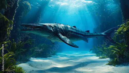 Wallpaper Mural Realistic depiction of a massive Basilosaurus in a prehistoric ocean teeming with marine life. Educational, scientific, or fantasy-themed visual content. Torontodigital.ca