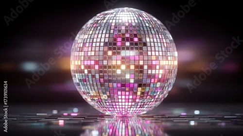 Dazzling disco ball reflecting light on a dark surface for festive ambiance night