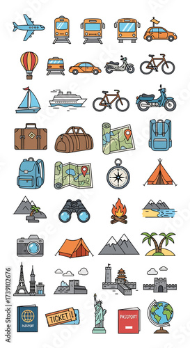 Collection of Travel, Transportation, and Adventure Icons Plane, Train, Car, Bicycle, and More