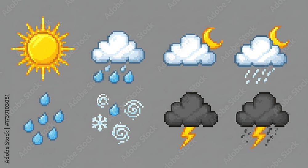 Obraz premium Pixel weather forecast icons set for game design