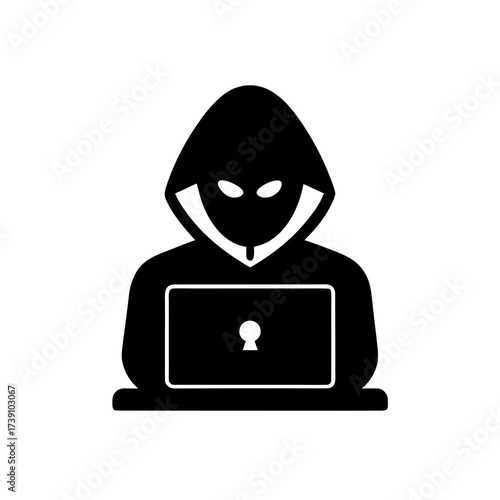 Silhouette of hacker using a laptop icon on transparent background
