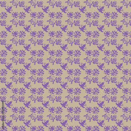 Intricate geometric pattern with repeating purple and tan floral motifs
