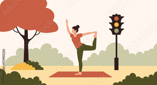 A woman practices yoga in a park next to a traffic light, balancing on one leg with arms extended.