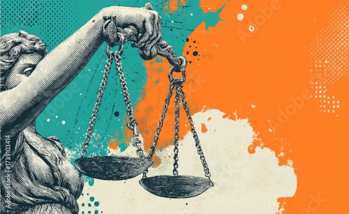 Justice Lady Justice Statue with Scales in Abstract Artistic Style Bright Orange and Blue Background