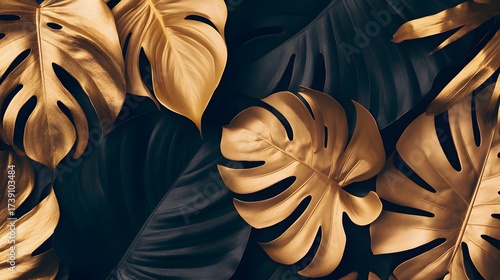 Luxury Gold and Black Monstera Leaves Tropical Background