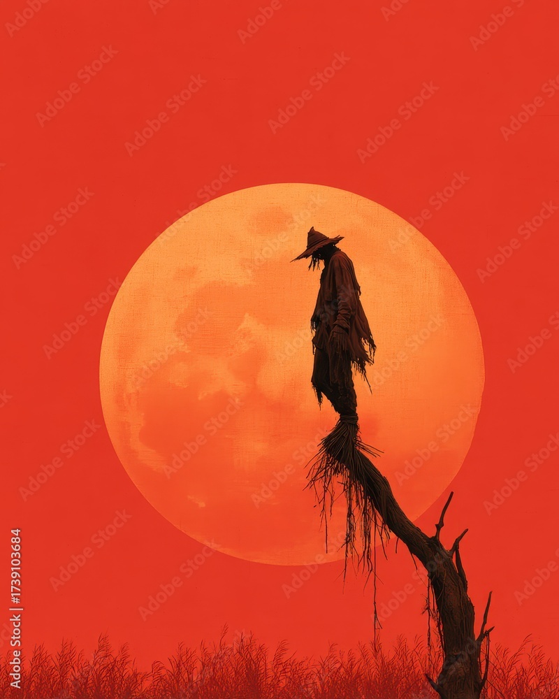 Fototapeta premium Scarecrow Silhouette Against Dramatic Orange Moon at Sunset in a Field of Tall Grass