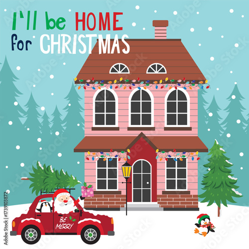 Christmas card with santa, penguin, car and house