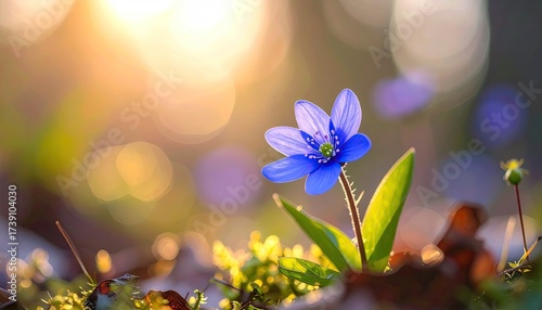 Vibrant Blue Hepatica Flower Blooming with Yellow Stamens in Golden Sunlight Macro View with Soft Focus Green Leaves and Bokeh Background