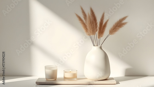 Luxury stock autumn still life with cozy decor accents, styled with warm daylight, neutral backdrops, premium textures and ample negative space. AI-Generated!