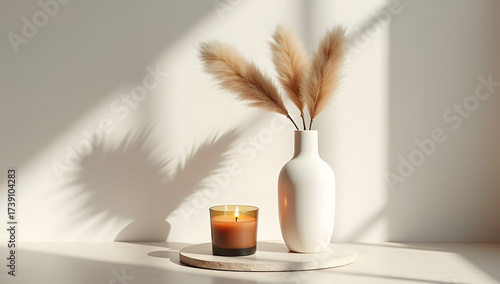 Luxury stock autumn still life with cozy decor accents, styled with warm daylight, neutral backdrops, premium textures and ample negative space. AI-Generated!