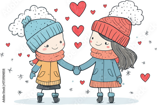 Adorable cartoon couple holding hands wearing winter hats and scarves with hearts floating