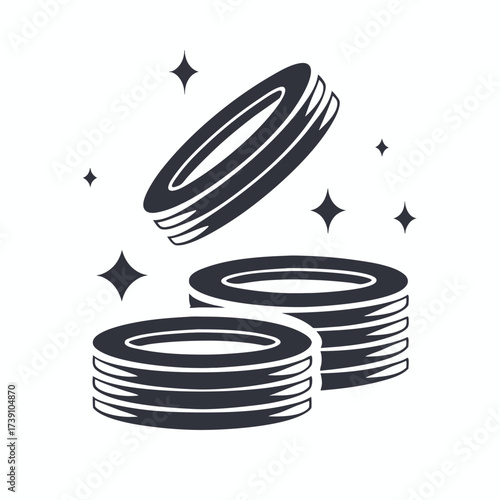Black monochrome coins stack with flying piece and stars shines creating wealth