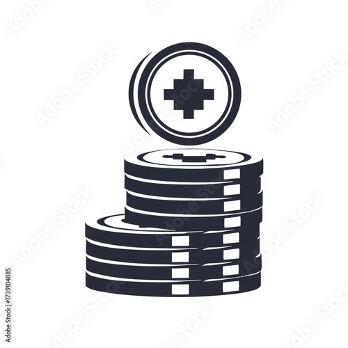 Black coins featuring a prominent plus symbol are stacked in two isolated piles