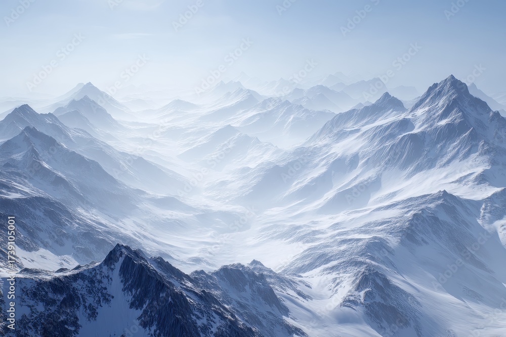Obraz premium Majestic Snowy Mountain Range Under Clear Blue Sky with Soft Light and Misty Atmosphere for Inspirational Themes