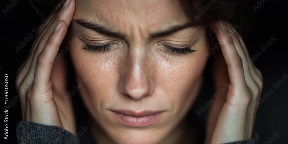 Fototapeta premium Woman with closed eyes experiencing intense headache in dimly lit room.