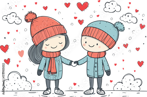 Adorable cartoon couple holding hands wearing winter hats and scarves surrounded by hearts and snowflakes