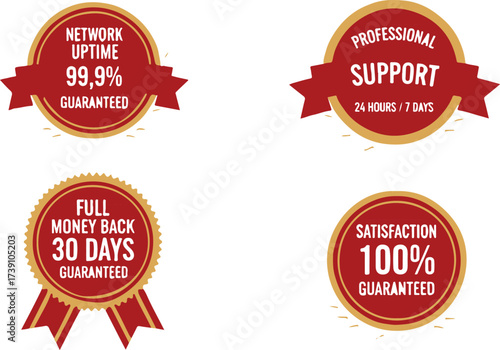Network Uptime 99.9% Guaranteed and Professional Support 24/7 Badges | Full Money Back 30 Days and 100% Satisfaction Badges for Online Business Trust, Website Design, Marketing Materials