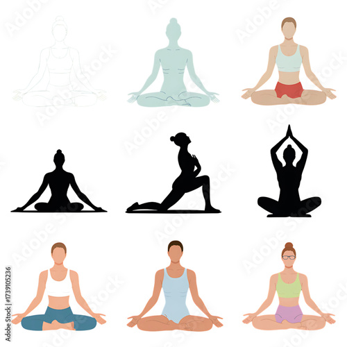 Diverse group of people practicing yoga in various seated meditation poses and active stretches depicted in both silhouette and colorful illustrations against a white background