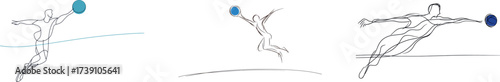The image of a handball player throwing the ball is captured in a continuous line art drawing as the player jumps