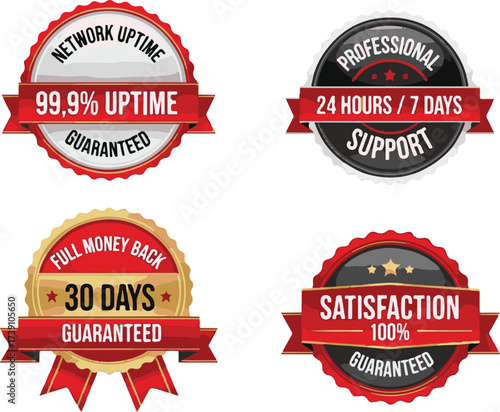 Network Uptime and 24/7 Support Guarantee Seals | Business Badge with Text, 99.9% Uptime, Money Back, and Satisfaction Guaranteed for Website, Marketing Materials, and Service Promotion