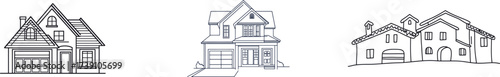 A house is illustrated in a continuous line, next to a house with a garage in line art, serving as an outline for a modern home building