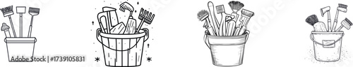 A simple, modern illustration in continuous one line art style depicts a bucket with washing supplies, conveying the concept of a cleaning service