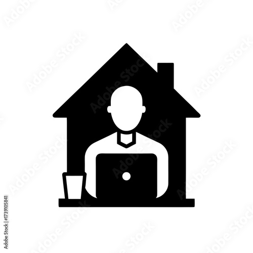 Person working from home with a laptop icon on transparent background silhouette