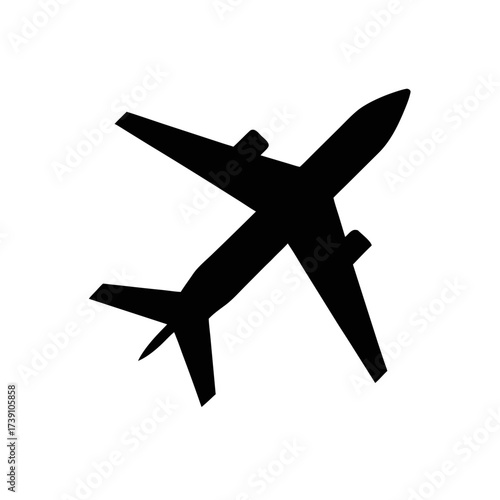 Black airplane silhouette flying upward view on transparent background