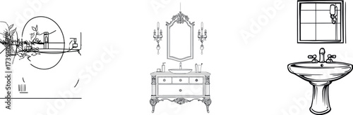 A modern bathroom's interior, including a wash basin and mirror, is visually represented through a continuous line art drawing style, with black linear sketches of the toilet room furniture set