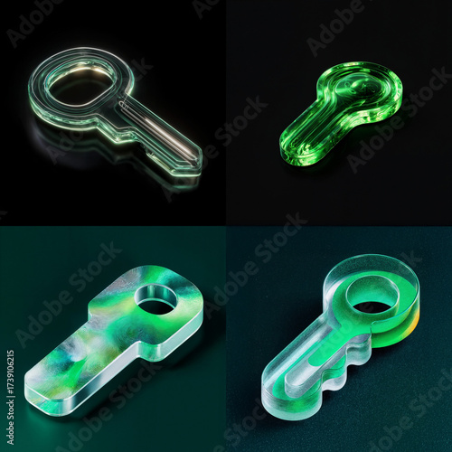 3D green glass key icons collection dark background translucent emerald security symbols glowing cybersecurity access authentication modern digital technology transparent objects realistic render lock