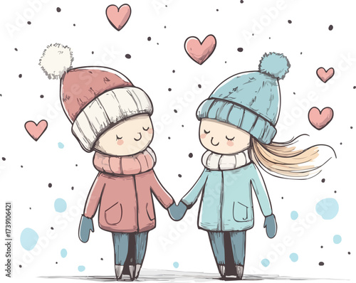 Adorable couple holding hands wearing winter hats and coats surrounded by falling hearts