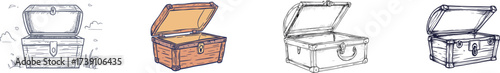 A modern illustration features an open empty treasure chest created in a continuous line, characteristic of line art style of a chest