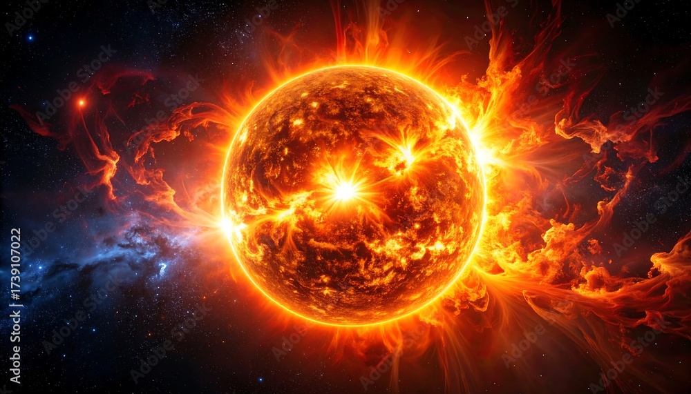 Fototapeta premium Fiery sun erupting with stellar flares in space