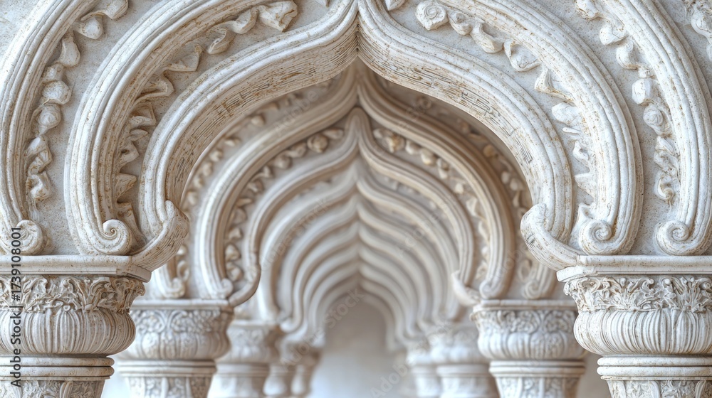 Fototapeta premium Detailed light stone archway extends, featuring decorative carvings and traditional design