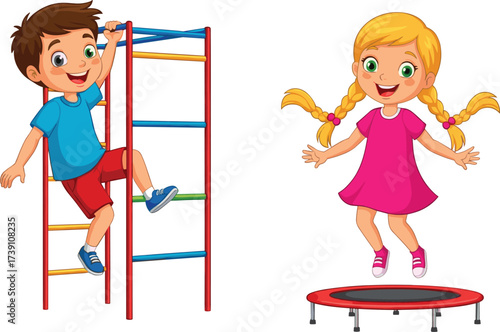 Cartoon children playing, boy climbing colorful ladder, girl jumping trampoline, fun kids activity, outdoor exercise, childhood fitness, happy playtime illustration