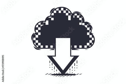 Monochrome checkered cloud with bold downward arrow indicating a download is in progress