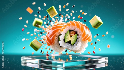 Sushi roll with avocado and salmon exploding in mid-air on turquoise background – high-speed food photography